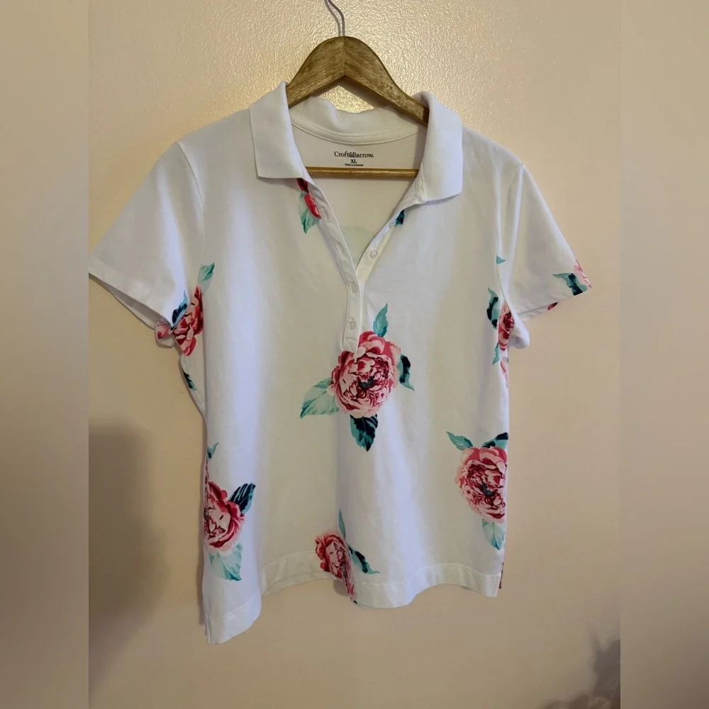 Croft & Barrow White Pink Rose Print Button Neck Polo Shirt size XL - Picture 15 of 16